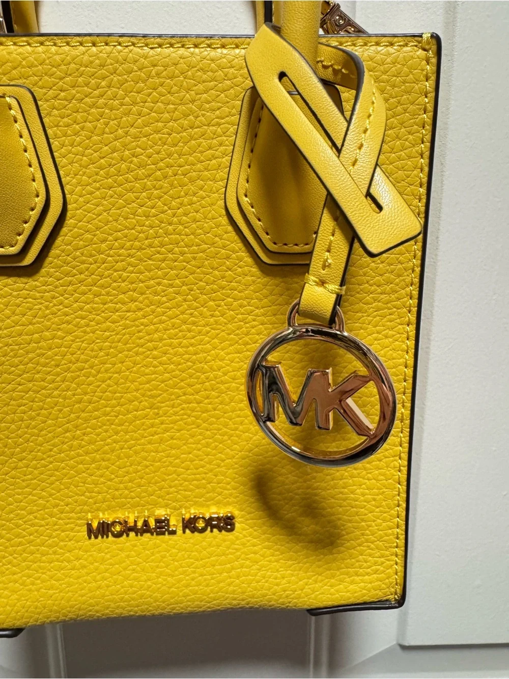 Michael Kors Yellow Mini Mercer Pebbled Leather Crossbody Tote MK Charm